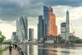 Moscow, Russia - May 26, 2019:  Panoramic view of Moscow-City skyscrapers at Moskva River, Russia. Moscow-City is a business Royalty Free Stock Photo