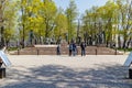 Moscow, Russia - May 01, 2019: Parents and their children look at sculpture Children - victims of adult vices on Bolotnaya square Royalty Free Stock Photo