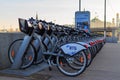 Moscow, Russia - May 03, 2018: Parking rental bicycles on the embankment of Moskva river on the background of Moscow Kremlin