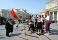 People sing songs of the war years at the Moscow Bolshoi theater on Victory Day