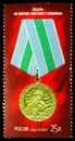 Postage stamp printed in Russia shows Medal `For the Defence of Soviet Arctic`, 70th Anniversary of Victory in Great Patriotic War
