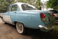 Moscow, Russia - May 05, 2019: The rare, restored Soviet car Gas 21 Volga. A blue and white bi-color oldtimer is parked on the Royalty Free Stock Photo