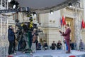 MOSCOW, RUSSIA - MAY 9, 2019: Recording TV program during the Victory Day Parade. TVC channel journalists