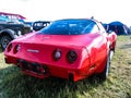 Moscow, Russia - May 25, 2019: Red Chevrolet Corvette Stingray parked on the grass. The classic vintage American sports car Royalty Free Stock Photo