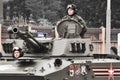 Guards soldier and officer on a combat vehicle