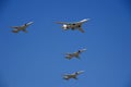 Rehearsal of the Victory Day celebration WWII. The airshow on the Red Square. Group of supersonic bombers-missile Tu-22M3 Backf