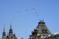 Group of supersonic bombers-missile Tu-22M3 Backfire led by supersonic bomber-missile Tu-160 Royalty Free Stock Photo