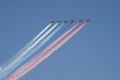 Rehearsal of the Victory Day celebration. On the Red Square, group of assault plane Sukhoi Su-25 Grach NATO name: `Frogfoot` in