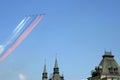 Rehearsal of the Victory Day celebration. On the Red Square, group of assault plane Sukhoi Su-25 Grach NATO name: `Frogfoot` in