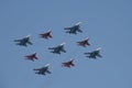 Rehearsal of the Victory Day celebration WWII. Aerobatic team `Swifts` and `Russian Knights` on the fighters MiG-29 and Su-27