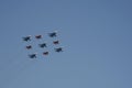 Rehearsal of the Victory Day celebration WWII. Aerobatic team `Swifts` and `Russian Knights` on the fighters MiG-29 and Su-27