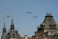 Rehearsal of the Victory Day celebration WWII. The airshow on the Red Square, the group of multi-purpose four-engine turbofan st Royalty Free Stock Photo