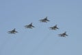 Rehearsal of the Victory Day celebration WWII. The airshow on the Red Square. The group of Russian multi-role fighters MIG-29SMT Royalty Free Stock Photo