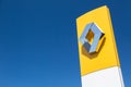 Moscow, Russia - May, 2018: Renault automobile dealership sign against blue sky. Renault-Nissan alliance is one of the biggest car Royalty Free Stock Photo