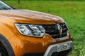 MOSCOW, RUSSIA - MAY 08, 2021 Renault Duster second generation details view. Exterior close up view of car bonnet and modern headl