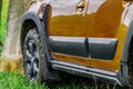 MOSCOW, RUSSIA - MAY 08, 2021 Renault Duster second generation details view. Exterior close up view of car doors with off-road pro