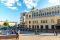 Moscow, Russia - May 18, 2016. Restaurant Prague on Square Arbat Gates