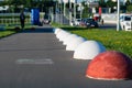 MOSCOW, RUSSIA - May 23, 2018: Round spheric concrete barriers next to Otkritie Arena stadium