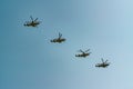 Moscow, Russia - May 04, 2018: Russian Air Force Kamov Ka-52 Hokum Alligator military attack combat helicopter  during Victory Day Royalty Free Stock Photo