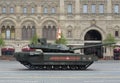 Russian battle tank T-14 `Armata` on a heavy tracked platform during the victory parade on red square Royalty Free Stock Photo