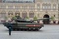 Russian battle tank T-14 `Armata` on a heavy tracked platform during the victory parade on red square Royalty Free Stock Photo