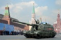 Russian 152 mm divisional self-propelled howitzer `Msta-S` at the dress rehearsal of the parade on red square in honor of Victory Royalty Free Stock Photo