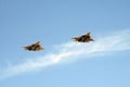 Russian multi-purpose fighters of the fifth generation of Su-57 during the military parade, fly in the sky over Red Square. Royalty Free Stock Photo