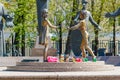 Moscow, Russia - May 01, 2019: Sculpture Children - victims of adult vices closeup on Bolotnaya square in Moscow