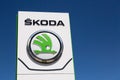 Moscow, Russia - May, 2018: Skoda Auto automobile manufacturer from Volkswagen Group company logo against blue sky in Moscow, Russ