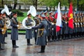 MOSCOW, RUSSIA - MAY 08, 2017: Soldiers of The Honor Guard of the 154 Preobrazhensky Regiment. Rainy and snowy view. Alexander Ga