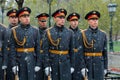 MOSCOW, RUSSIA - MAY 08, 2017: Soldiers of The Honor Guard of the 154 Preobrazhensky Regiment. Rainy and snowy view. Alexander Ga