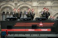 Soldiers of military police on an armored truck KamAZ-63968 `Typhoon-K` during the rehearsal of the Victory Parade. Royalty Free Stock Photo