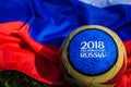 Moscow, Russia. May 13, 2018. Souvenir ball with the emblems of the FIFA World Cup 2018 in Moscow. Royalty Free Stock Photo