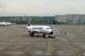 Passenger supersonic plane Airbus of Tunisia airlines in Vnukovo international airport preparing to the flight