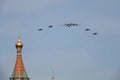 SU-35S fighters and Tu-95 `Bear` bomber at the rehearsal of the parade dedicated to the 77th anniversary of Victory Day