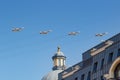 Moscow, Russia - May 07, 2019: Tactical front bomber with a variable sweep wing Su-24M in the blue sky over Red Square. Aviation