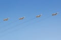 Moscow, Russia - May 07, 2019: Tactical front bomber with a variable sweep wing Su-24M in the blue sky over Red Square. Aviation