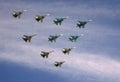 Tactical wing in the group of fighters SU-34, SU-30SM and SU-35 fly during the parade in the sky over Red Square. Royalty Free Stock Photo