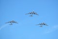 MOSCOW, RUSSIA - MAY 9, 2018: Three Russian military turboprop strategic bombers-missile Tu-95 Bear in flight