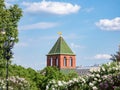 Moscow, Russia - May 22, 2019: Top of the 1st Nameless Tower of the south Moscow Kremlin\'s wall