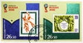 Two postage stamps printed in Russia shows Cup FIFA 1970 and 1982 year, FIFA World Cup 2018 Russia serie, circa 2015