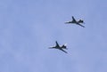 Moscow, Russia - May 9, 2018: Two Russian strategic Tupolev Tu-22M3 NATO reporting name: Backfire in flight at Parade of Victory