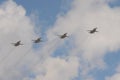 Upgraded front-line bombers with a variable sweep wing Su-24M in the sky over Moscow`s Red Square during the dress rehearsal of th