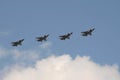 Upgraded MiG-31K interceptor fighters with a hypersonic Dagger missile on the hull in the sky over Moscow`s Red Square during the