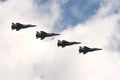 Upgraded MiG-31K interceptor fighters with a hypersonic Dagger missile on the hull in the sky over Moscow`s Red Square during the