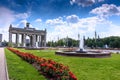 MOSCOW, RUSSIA - May 15, 2016: VDNH park beautiful landscape with flowers, and buildings