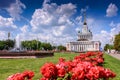 MOSCOW, RUSSIA - May 15, 2016: VDNH park beautiful landscape with flowers, fountains and buildings