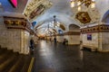 Moscow, Russia may 26, 2019 Very bright and colorful Kievskaya metro station, exit to Kievsky railway station