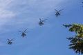 Victory Parade on May 9 in Moscow. Soviet and Russian helicopters are flying Royalty Free Stock Photo