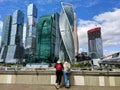 Moscow, Russia - May 31, 2021: View of Moscow city. Girls admire tall skyscrapers and views of the capital Royalty Free Stock Photo